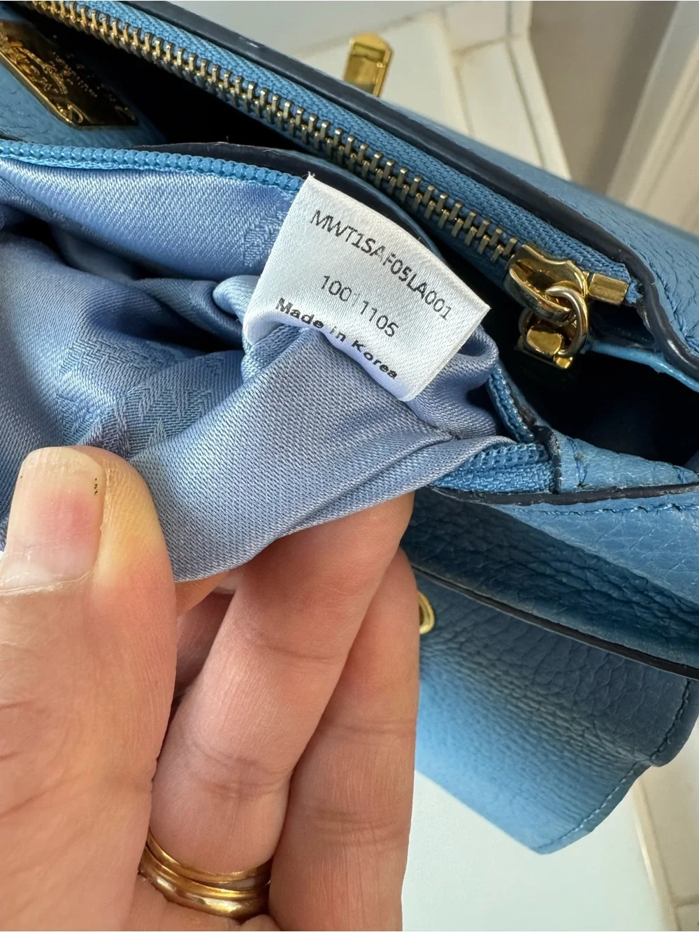 MCM Blue Leather Top-Handle Satchel with Gold Hardware
